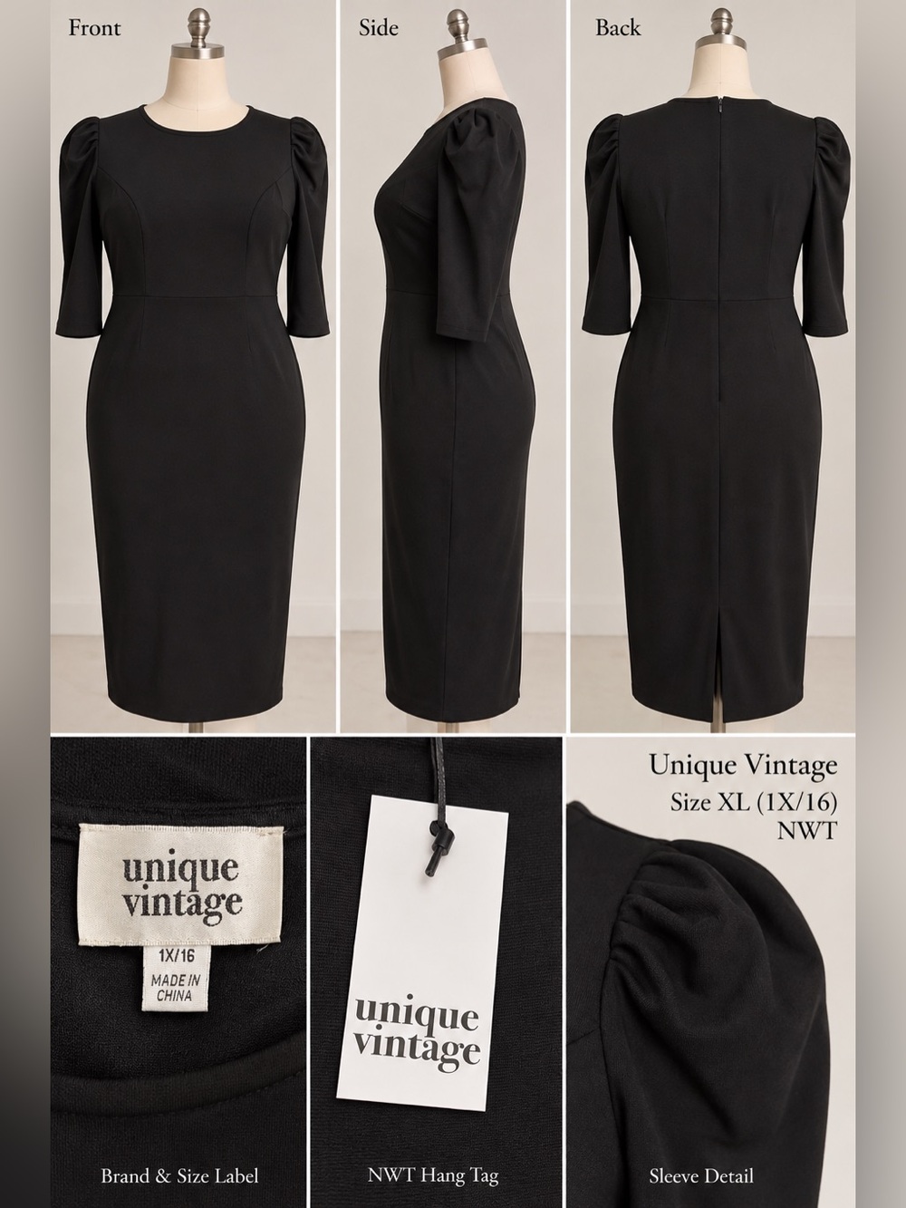 Unique Vintage Black Midi Dress with Puff Sleeves